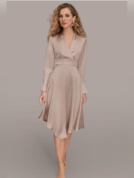 Donna Karan Dresses & Skirts - Donna Karan Dress Elegant V-Neck Satin Midi Dress in Nude